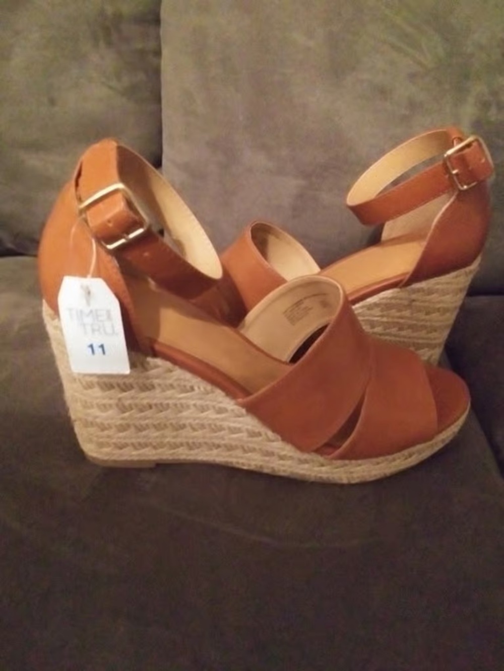 Time and Tru Tan Espadrille Wedge Sandals with Ankle Buckle